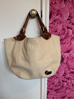 Dooney & Bourke Cream Leather Shoulder Tote with Brown Trim